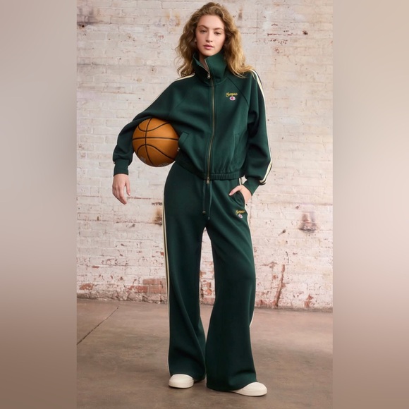 Champion Pants - Champion Dark Green Wide-Leg Track Pants with Side Stripe
